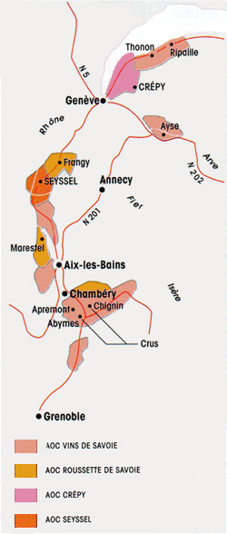 La carte géographique des vins de Savoie