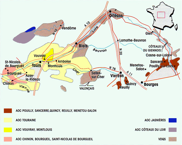 La carte géographique des vins de la Loire (est)