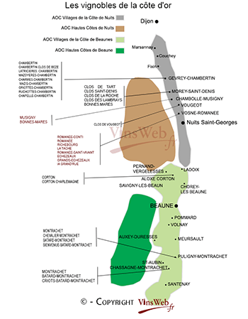 La carte géographique des vignobles de la cote d'or