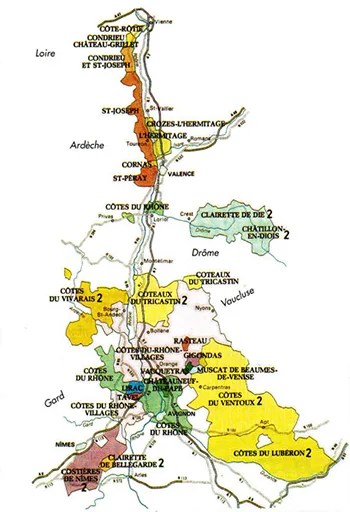 Carte géographique des vins de la vallée du Rhône Méridionales