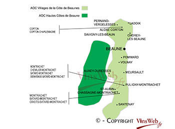 La carte géographique des vignobles de la côte de Beaune