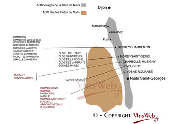 Carte géographique les vignobles de la côte de nuits La carte géographique des vignobles de la côte de nuits