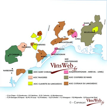 La carte géographique des vins du Languedoc carte vignoble languedoc